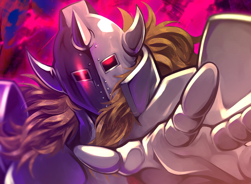 1boy, akuma_shogun, armor, blonde_hair, fake_horns, glowing, glowing_eyes, helmet