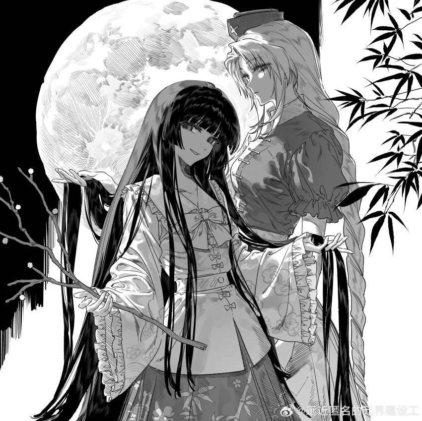 2girls, absurdres, bamboo, bamboo_print, blunt_bangs, bow_button, braid, branch, chinese_commentary, closed_mouth, collared_shirt, commentary, cowboy_shot, dress, frilled_sleeves, frills, full_moon, greyscale, grin, hat, highres, holding, holding_another's_hair, holding_branch, holding_own_hair, houraisan_kaguya, jeweled_branch_of_hourai, long_hair, long_sleeves, looking_at_viewer, monochrome, moon, multiple_girls, nurse_cap, puffy_short_sleeves, puffy_sleeves, shirt, short_sleeves, single_braid, skirt, smile, touhou, very_long_hair, watermark, weibo_watermark, wide_sleeves, yagokoro_eirin, yuanjie_jianshegong
