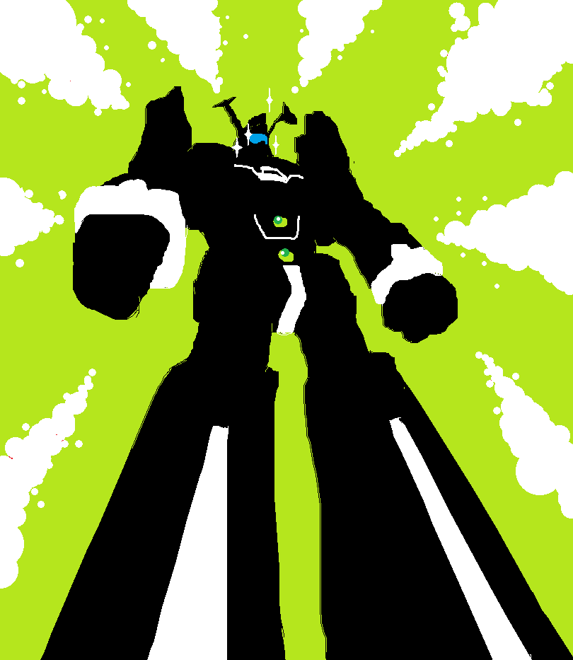 antennae, assault_visor, blue_visor, densetsu_kyojin_ideon, from_below, green_background, ideon, ideon_gauge
