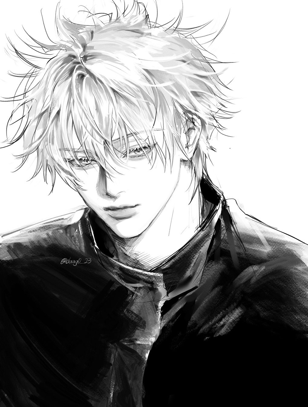 1boy, black_jacket, closed_mouth, commentary, dang0_23, gojou_satoru, hair_between_eyes, highres