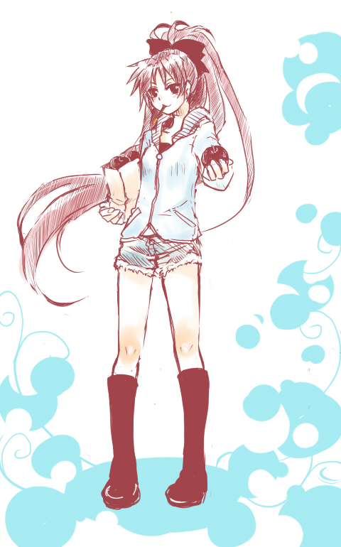 apple, bag, boots, food, fruit, holding, holding_apple, holding_fruit, knee_boots, long_hair, mahou_shoujo_madoka_magica, monochrome, paper_bag, phenan, pocky, ponytail, sakura_kyouko, shorts, sketch, solo, spot_color, very_long_hair