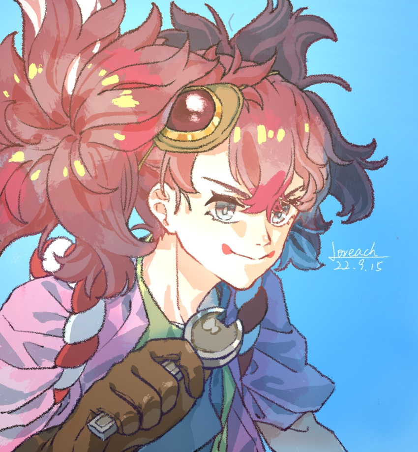 appare-ranman!, artist_name, blue_background, brown_gloves, dated, gloves, grey_eyes, hair_ornament