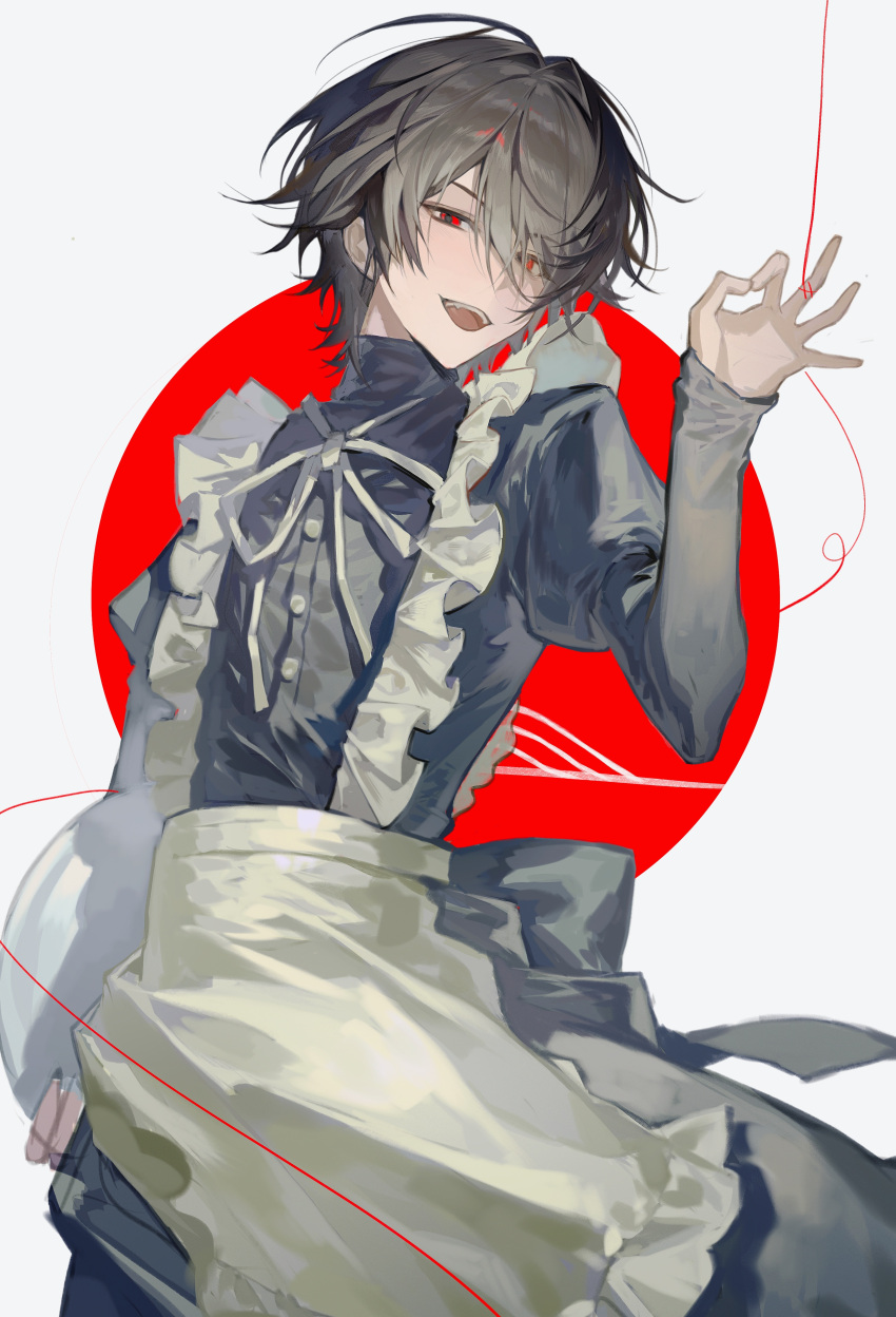 1boy, absurdres, apron, black_dress, black_hair, cowboy_shot, crossdressing, daiba_shizuma