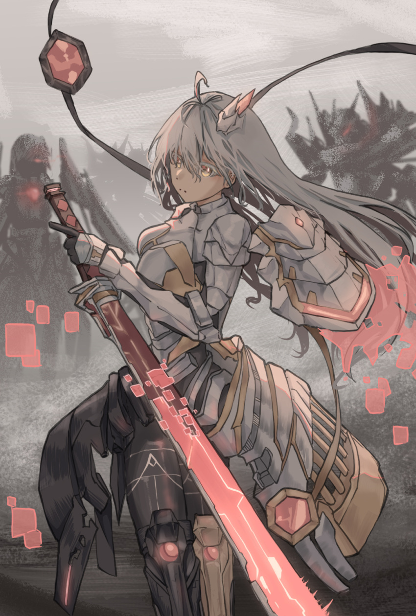 1girl, ahoge, armor, breasts, closed_mouth, duel_monster, grey_hair, hair_between_eyes, highres, holding, holding_sword, holding_weapon, large_breasts, long_hair, looking_at_viewer, machinery, orange_eyes, sky_striker_ace_-_zero, sword, weapon, white_armor, white_hair, yu-gi-oh!, zuimoxian