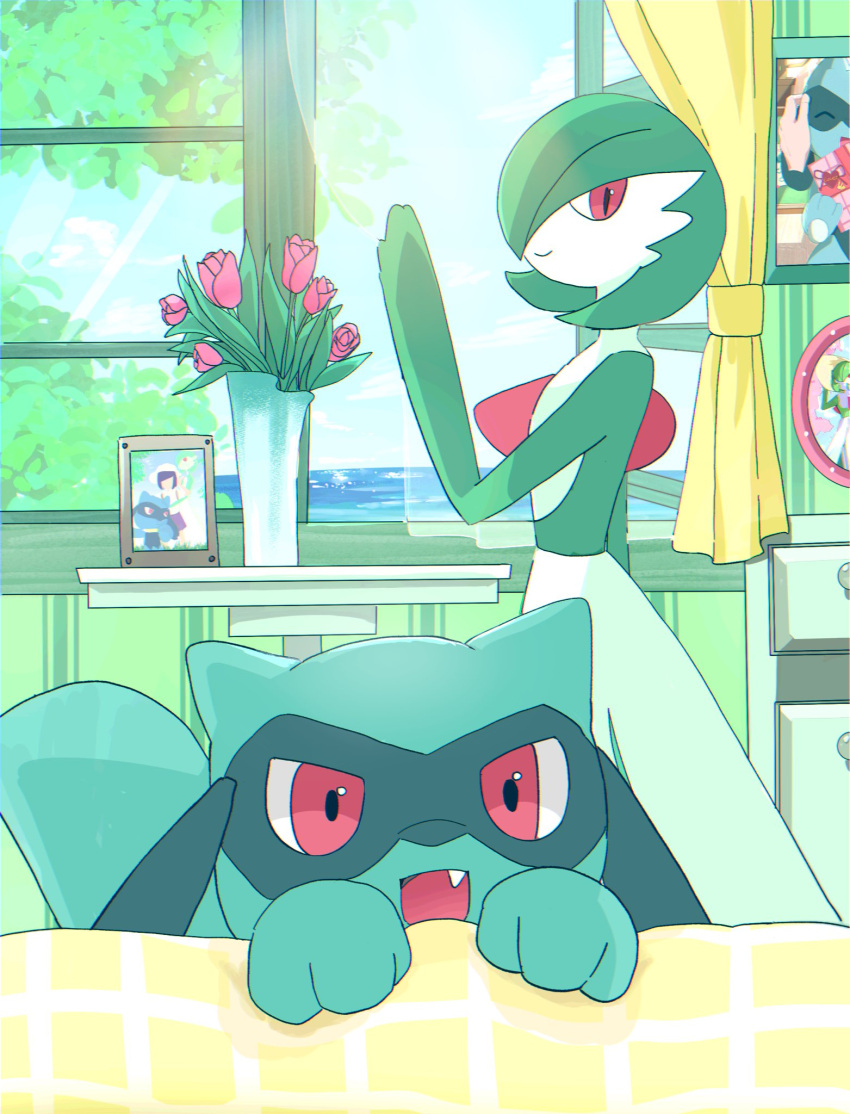 blue_fur, bob_cut, colored_skin, dress, fang, flower, furry, gardevoir