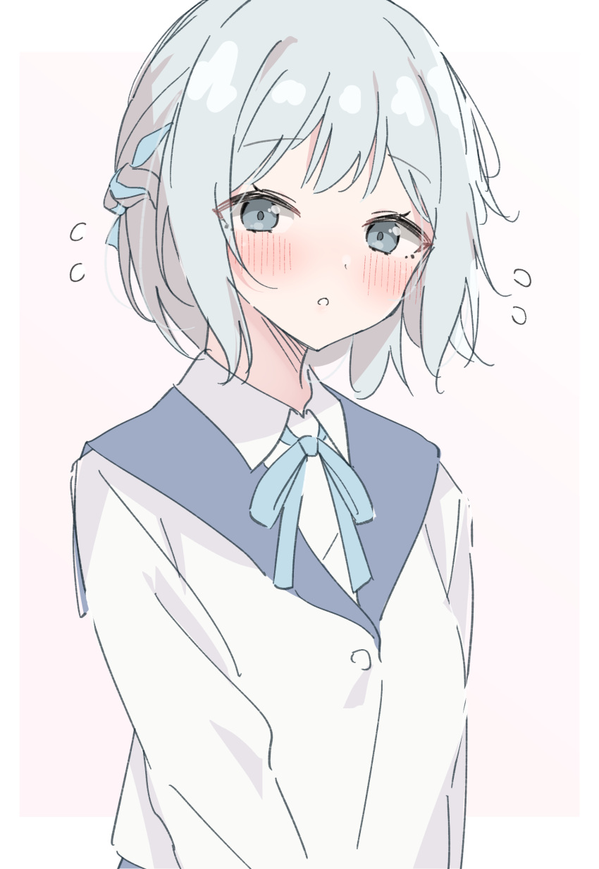 1girl, :o, blue_ribbon, blue_sailor_collar, blush, border, commentary_request, flying_sweatdrops