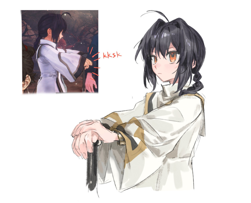 1other, ahoge, black_hair, braid, coral12131, fate/samurai_remnant, fate_(series), hair_between_eyes