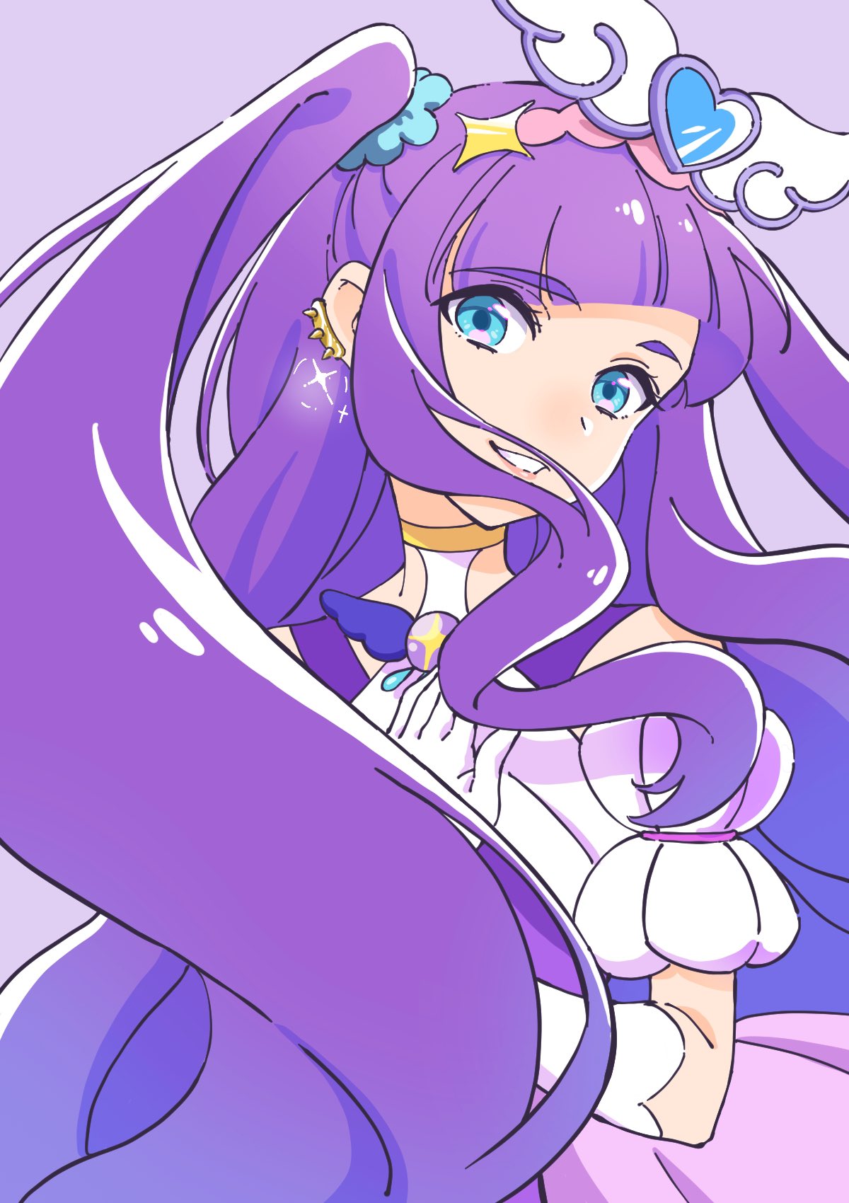 1girl, blue_eyes, blue_scrunchie, brooch, choker, commentary, cure_majesty, earclip
