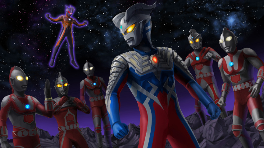 glowing, glowing_eyes, highres, matchin, night, night_sky, sky, ultra_series, ultra_seven, ultraman, ultraman_80, ultraman_ace, ultraman_jack, ultraman_zero, ultraman_zero_vs_darklops_zero, zoffy, zoffy_(ultra_series)