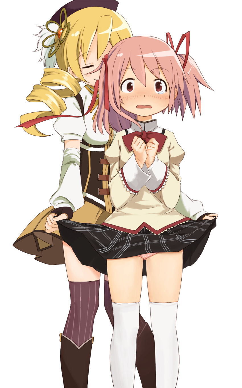 2girls, abe_kanari, beret, blonde_hair, blush, boots, closed_eyes, corset