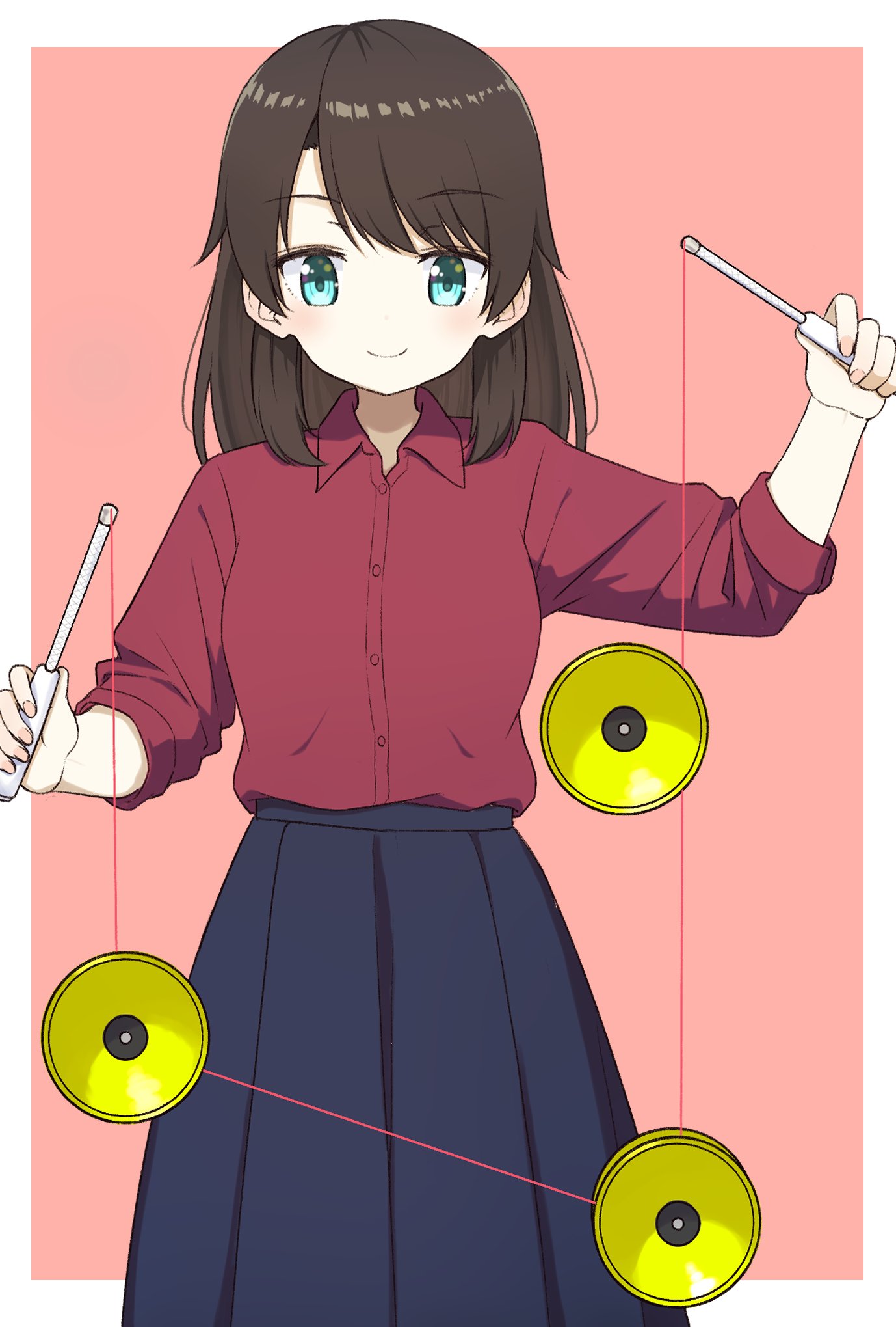 1girl, blue_eyes, blue_skirt, brown_hair, buttons, chintara10, closed_mouth, collared_shirt