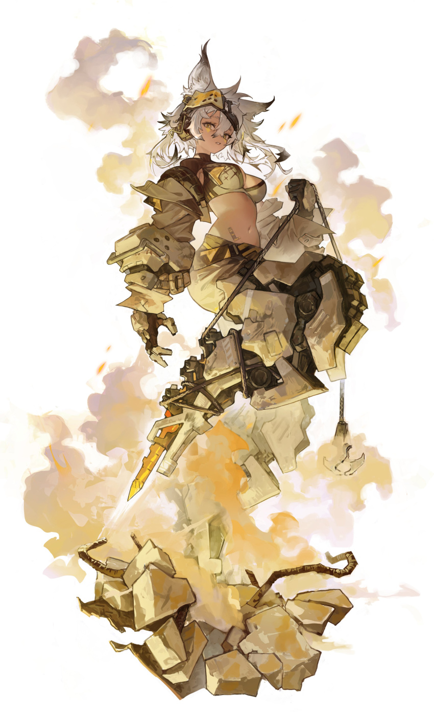 1girl, absurdres, animal_ears, boridongja, bra, breasts, debris, dust