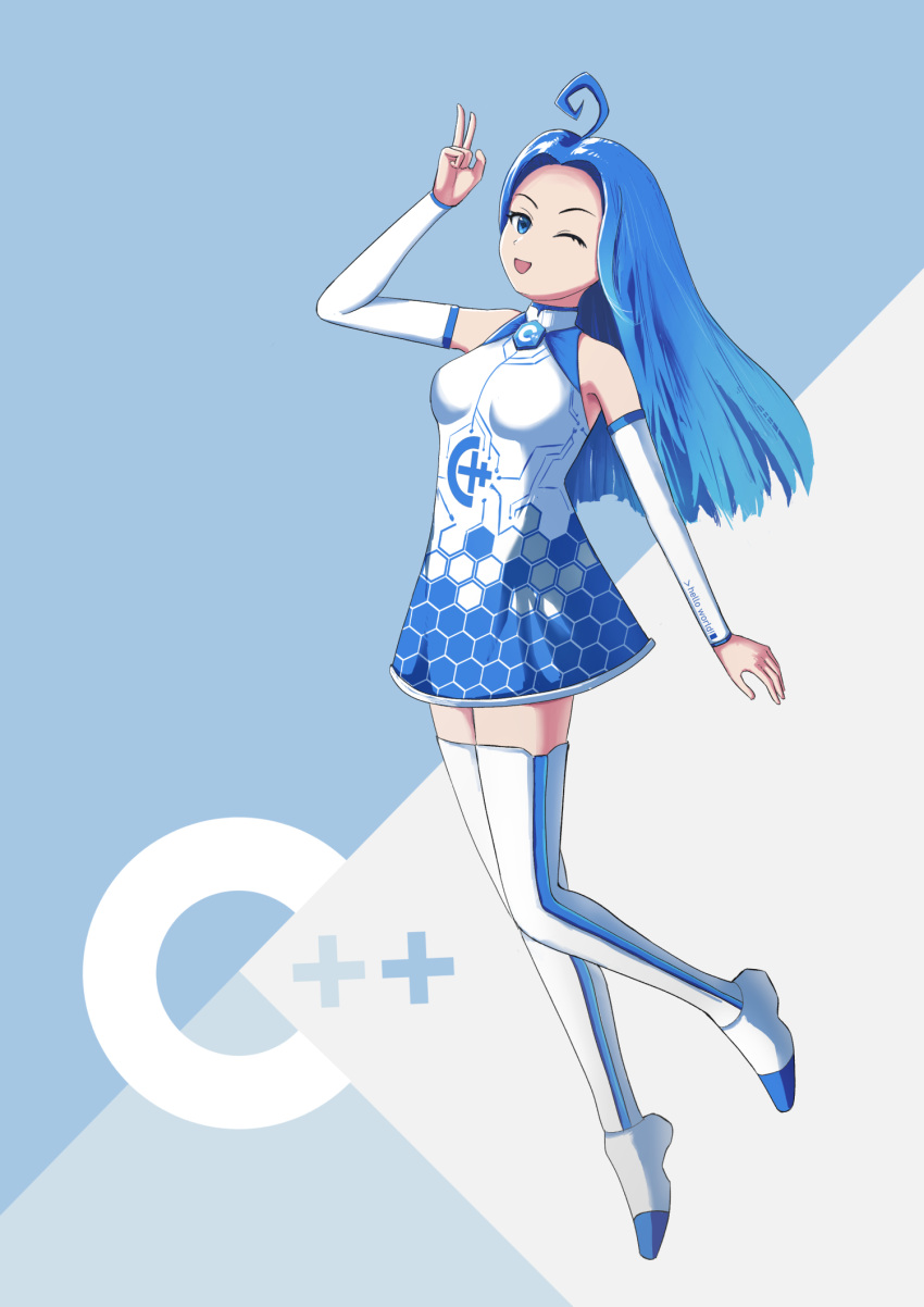 1girl, ahoge, blue_eyes, blue_hair, breasts, c++_(programming_language), detached_sleeves, dress