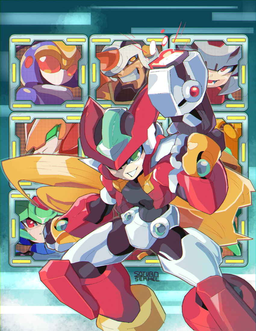 2girls, 4boys, absurdres, armor, blonde_hair, book_cover_redraw, cropped_jacket, crotch_plate