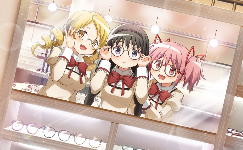3girls, adjusting_eyewear, akemi_homura, alternate_eyewear, artist_request, bespectacled, black_hair, black_hairband