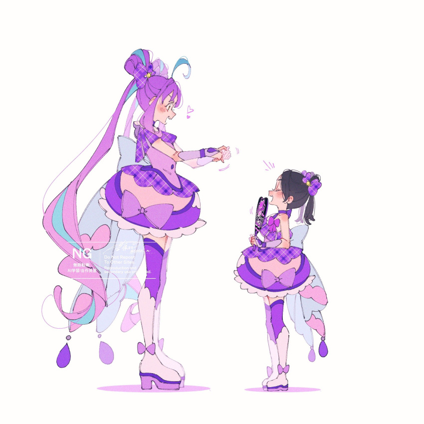2girls, age_difference, ahoge, aoi_tete, black_hair, blue_hair, boots, bow, bubble_skirt, child, coattails, cosplay, cure_kyunkyun, cure_kyunkyun_(cosplay), detached_sleeves, double_bun, dress, dyed_ahoge, from_side, full_body, hair_bow, hair_bun, heart, heart_hands, height_difference, highres, kimi_to_idol_precure, knee_boots, long_hair, looking_at_another, magical_girl, multiple_girls, platform_boots, precure, purple_dress, purple_hair, purple_thighhighs, shigure_kokoro, simple_background, skirt, standing, thigh-highs, twintails, very_long_hair, watermark, white_background, wrist_cuffs