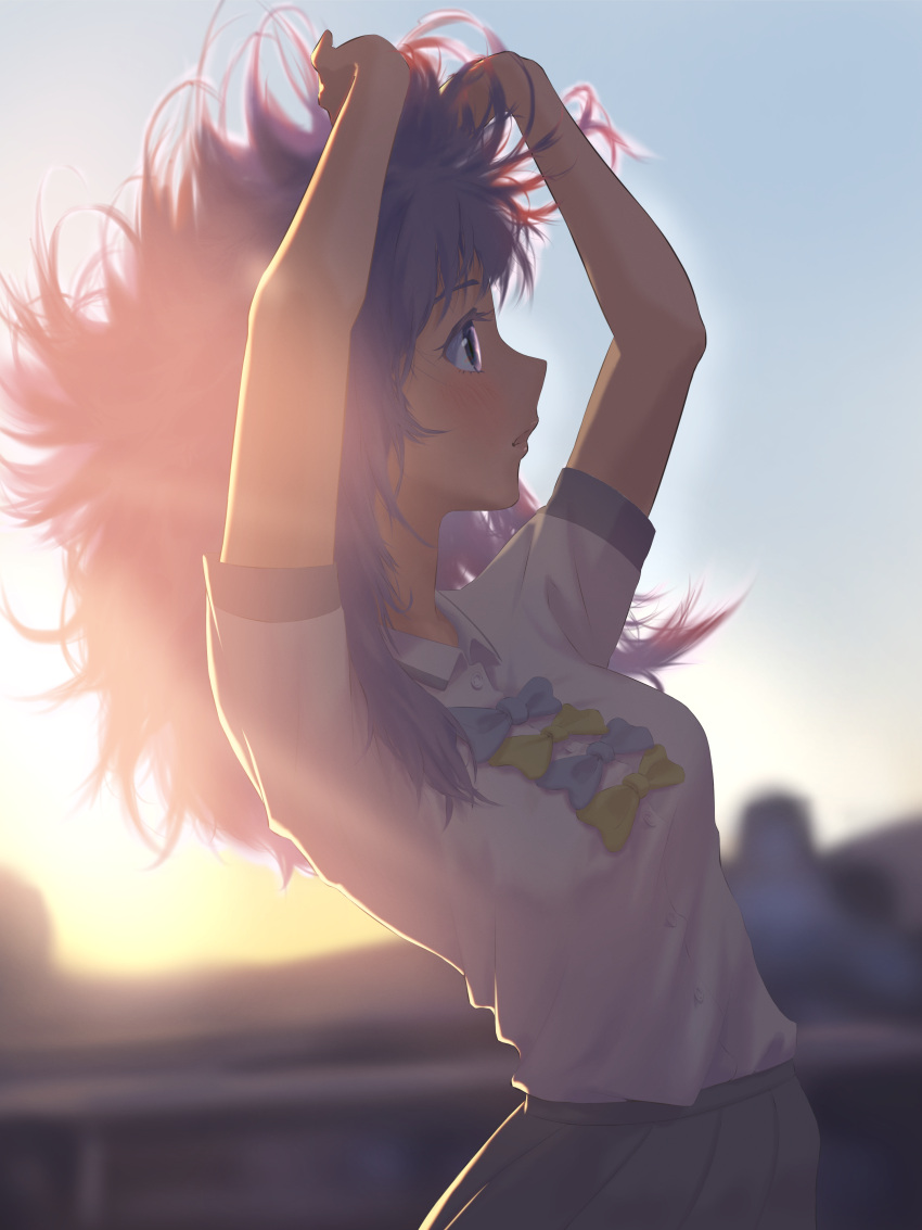 1girl, absurdres, arms_up, blue_bow, blue_bowtie, blue_eyes, blue_hair, blurry