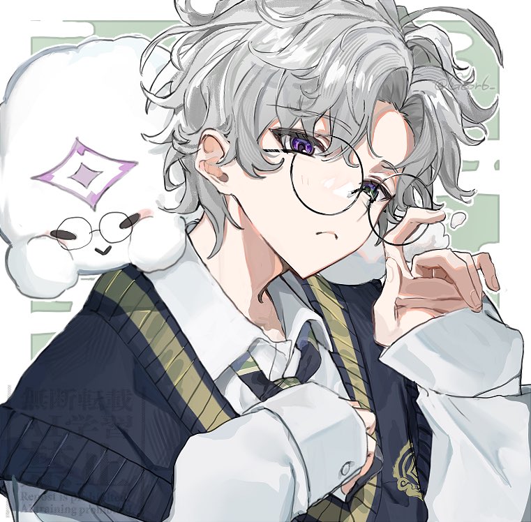 1boy, antenna_hair, artist_name, black_necktie, black_sweater_vest, border, closed_mouth, collared_shirt