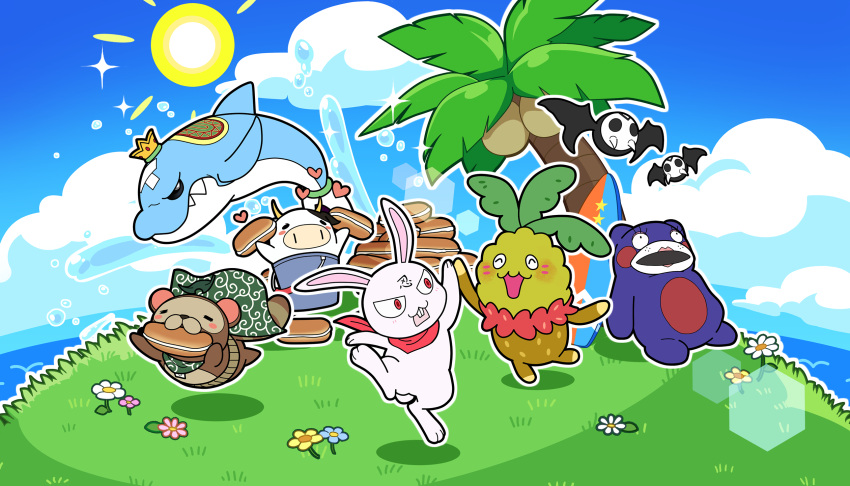 bat_(animal), bebe-tan, blue_sky, coconut_tree, day, dolphin, dolphin_wave, game_cg