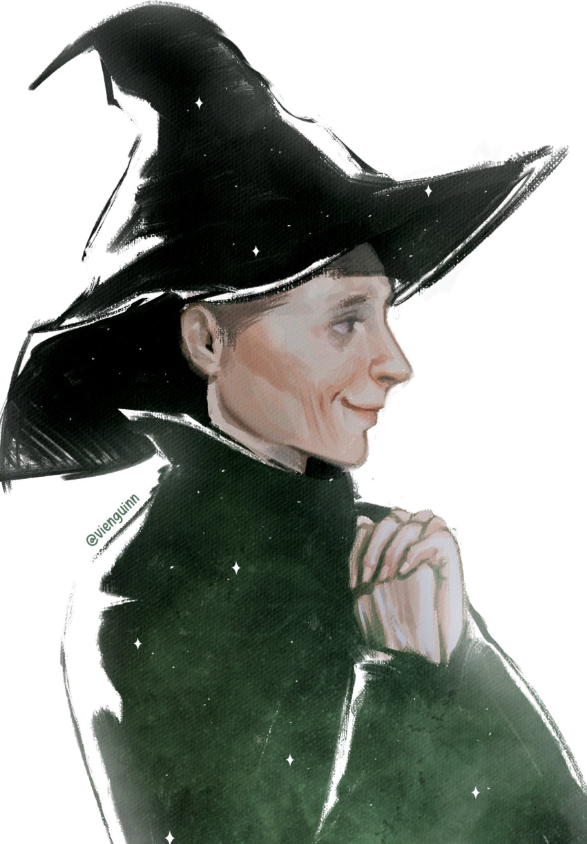 1girl, cloak, closed_mouth, commentary, english_commentary, harry_potter_(series), hat, high_collar, highres, looking_ahead, minerva_mcgonagall, old, old_woman, own_hands_together, profile, simple_background, smile, solo, twitter_username, upper_body, vienguinn, white_background, witch_hat, wizarding_world