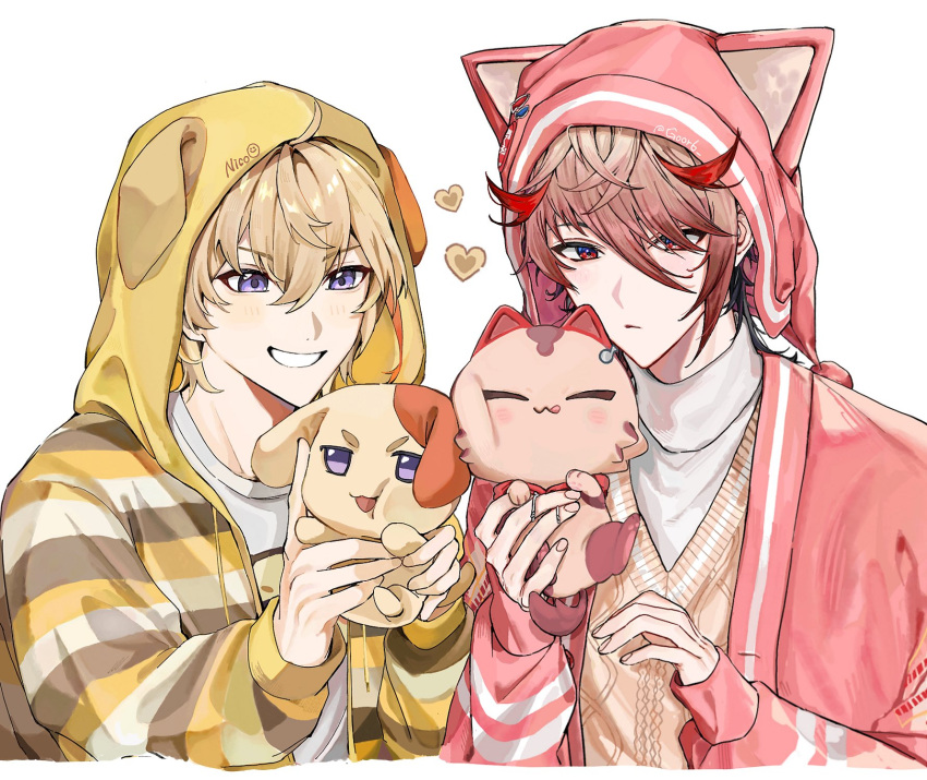 2boys, animal, animal_ears, animal_hat, animal_hood, artist_name, black_hair, blonde_hair