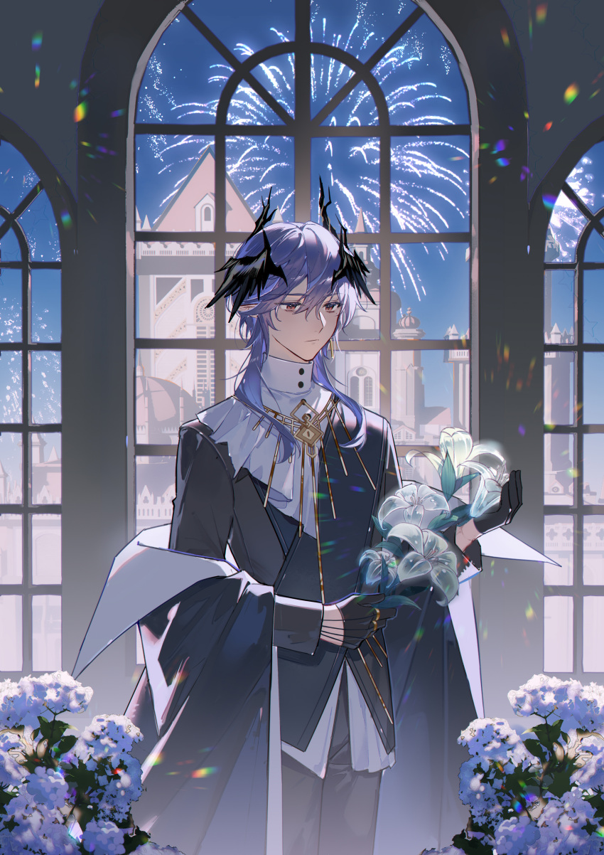 1boy, absurdres, ambience_synesthesia, arknights, black_gloves, black_jacket, black_pants, blue_hair