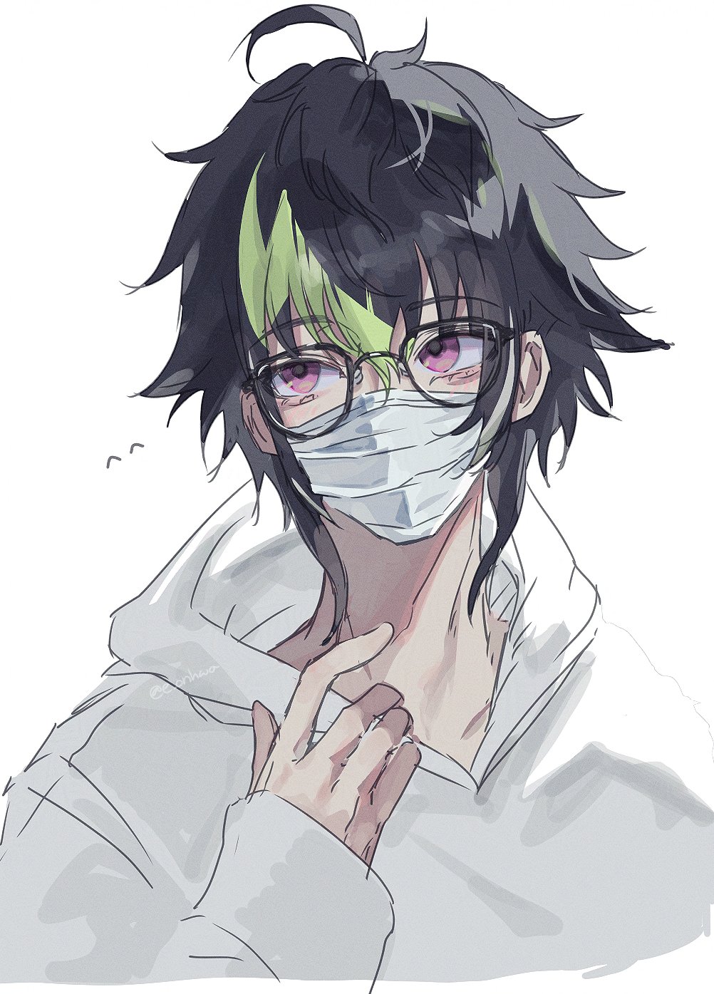 1boy, bespectacled, black-framed_eyewear, black_hair, collarbone, covered_mouth, eonhwa, glasses