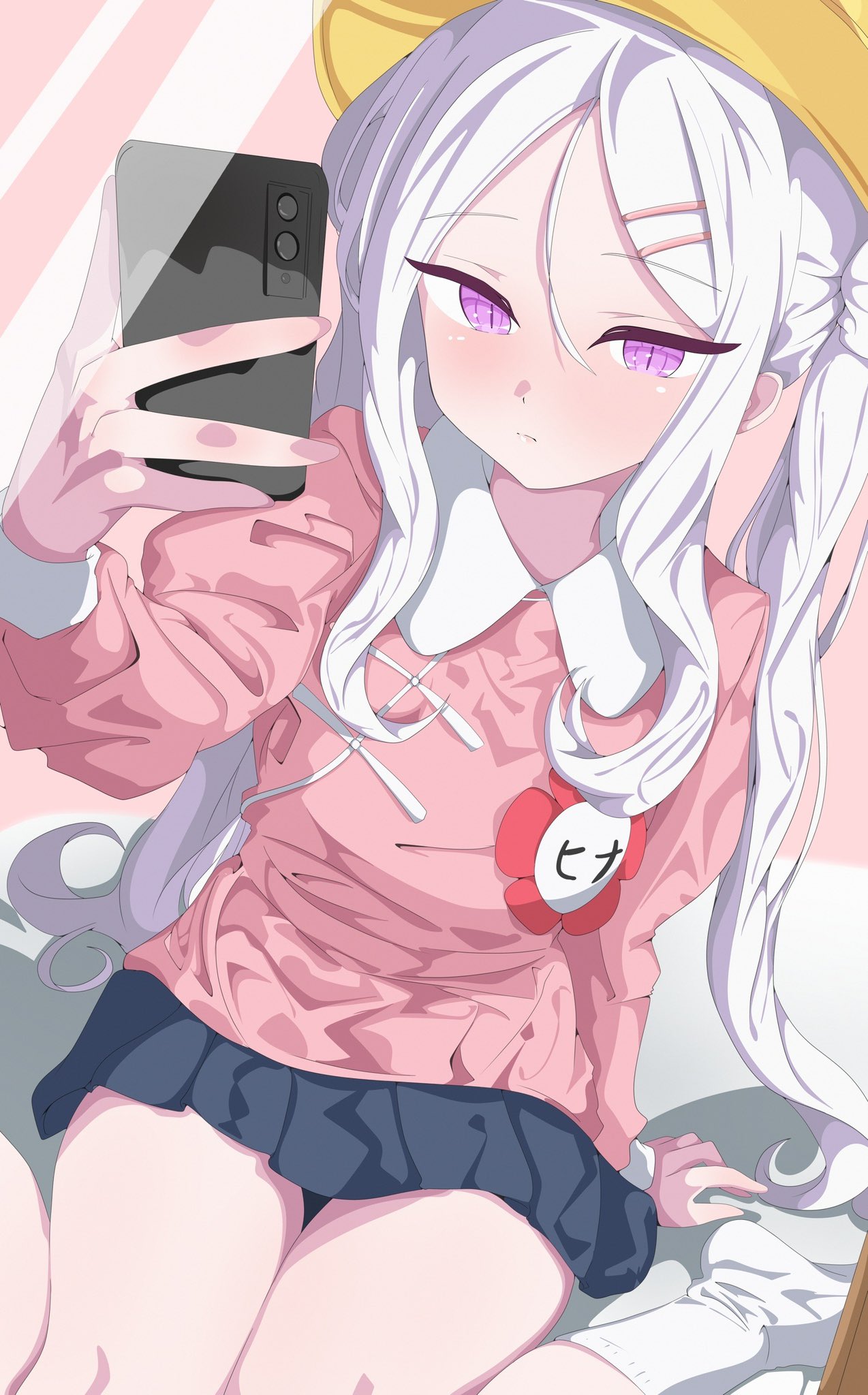 1girl, black_skirt, blue_archive, blush, breasts, cellphone, closed_mouth, collared_shirt