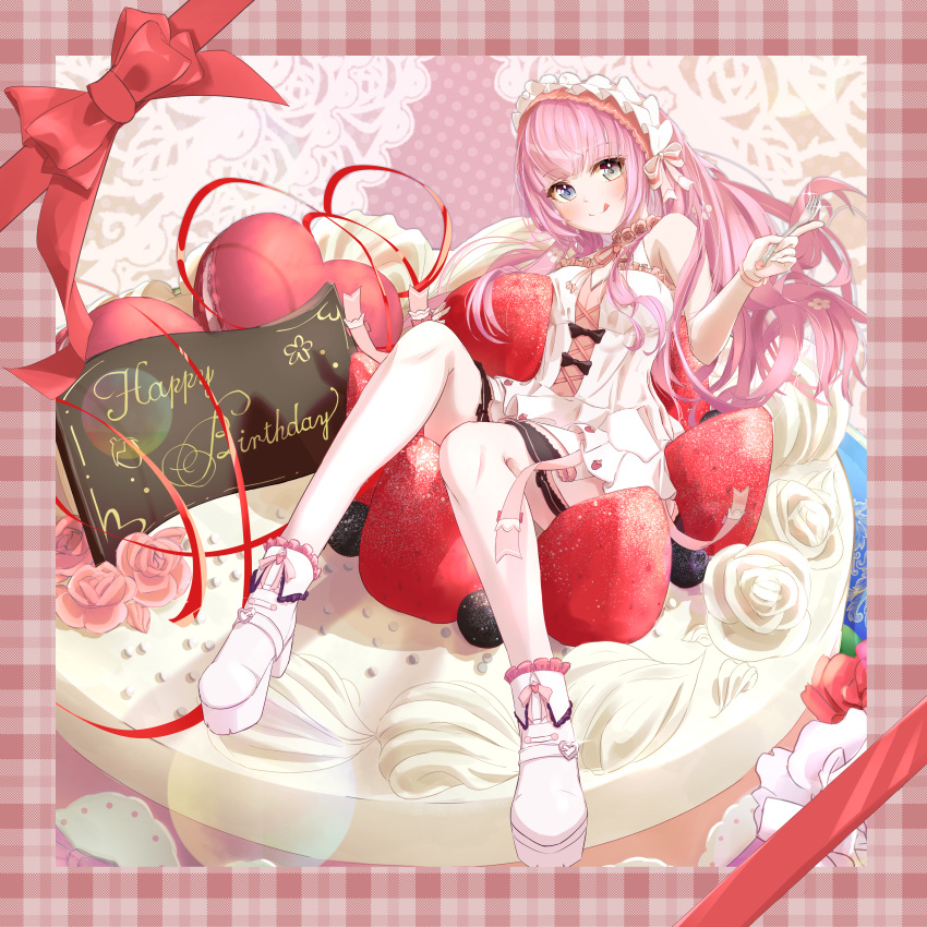 1girl, absurdres, birthday, boots, border, cake, commentary_request, flower