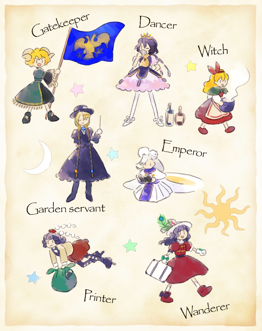 6+girls, altan_barometz, apron, bag, bely, black_dress, black_hair, black_hat