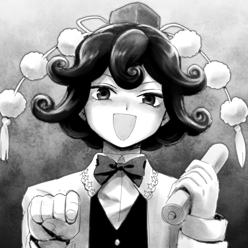 1girl, :d, bow, bowtie, collared_shirt, commentary_request, curly_hair, dress, frilled_dress, frills, gokyou_akira, greyscale, hat, head_tilt, houzuki_(hotondo), jacket, long_sleeves, magician's_aerial_dream, monochrome, original, pointing, scroll, shirt, smile, solo, suit_jacket, tassel, tokin_hat, touhou, upper_body, vest