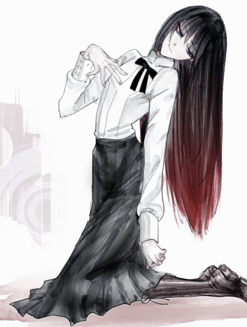 absurdres, arched_back, black_hair, black_hairband, bow, bowtie, gradient_hair, hairband
