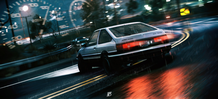 blurry, blurry_background, car, city, city_lights, depth_of_field, drifting, driving, fujiwara_takumi's_toyota_trueno_ae86, highres, initial_d, mirror, motion_blur, motor_vehicle, night, no_humans, outdoors, rain, reflection, reflective_water, road, scenery, speedometer, steering_wheel, street, tachometer, toyota, toyota_sprinter_trueno, tree, vehicle_focus, water, weinberg