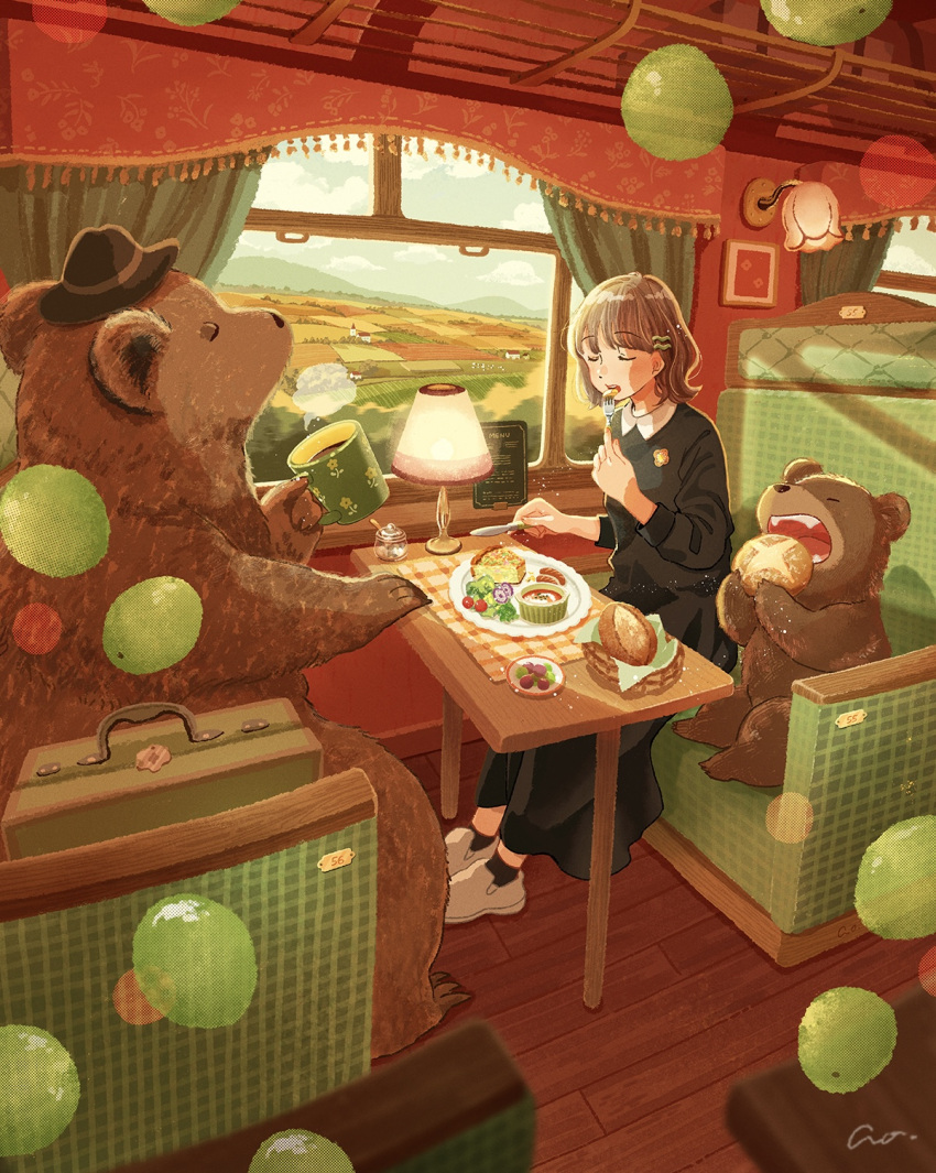 1girl, animal, ao_(aohari), bear, black_dress, bread, brown_hair, cherry_tomato