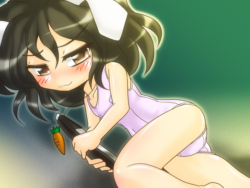 :3, bare_shoulders, black_hair, blush, brown_eyes, carrot, chibi, electric_wind_instrument
