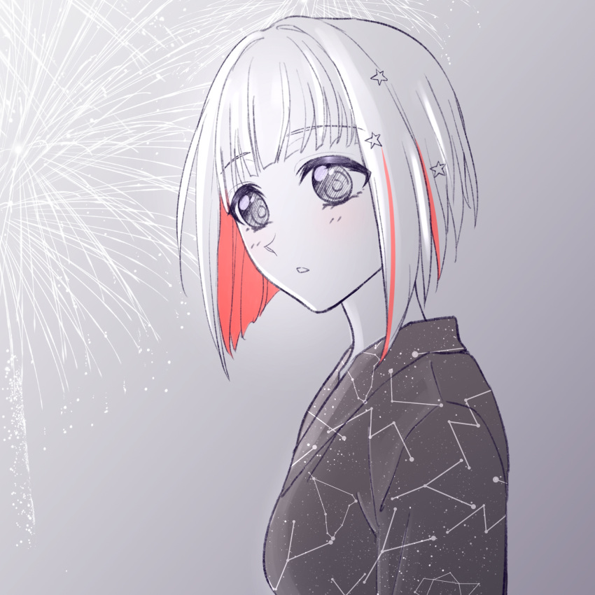 1girl, aegis_zan, aerial_fireworks, alternate_costume, bob_cut, breasts, cancer_(constellation), capricorn_(constellation)