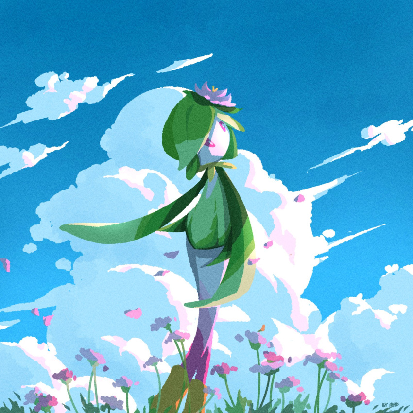 1girl, blue_sky, boots, bright_pupils, clouds, cloudy_sky, colored_skin, flower