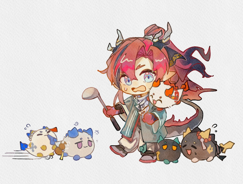 2boys, 4girls, arknights, chibi, chinese_commentary, chongyue_(arknights), commentary_request, dragon_boy