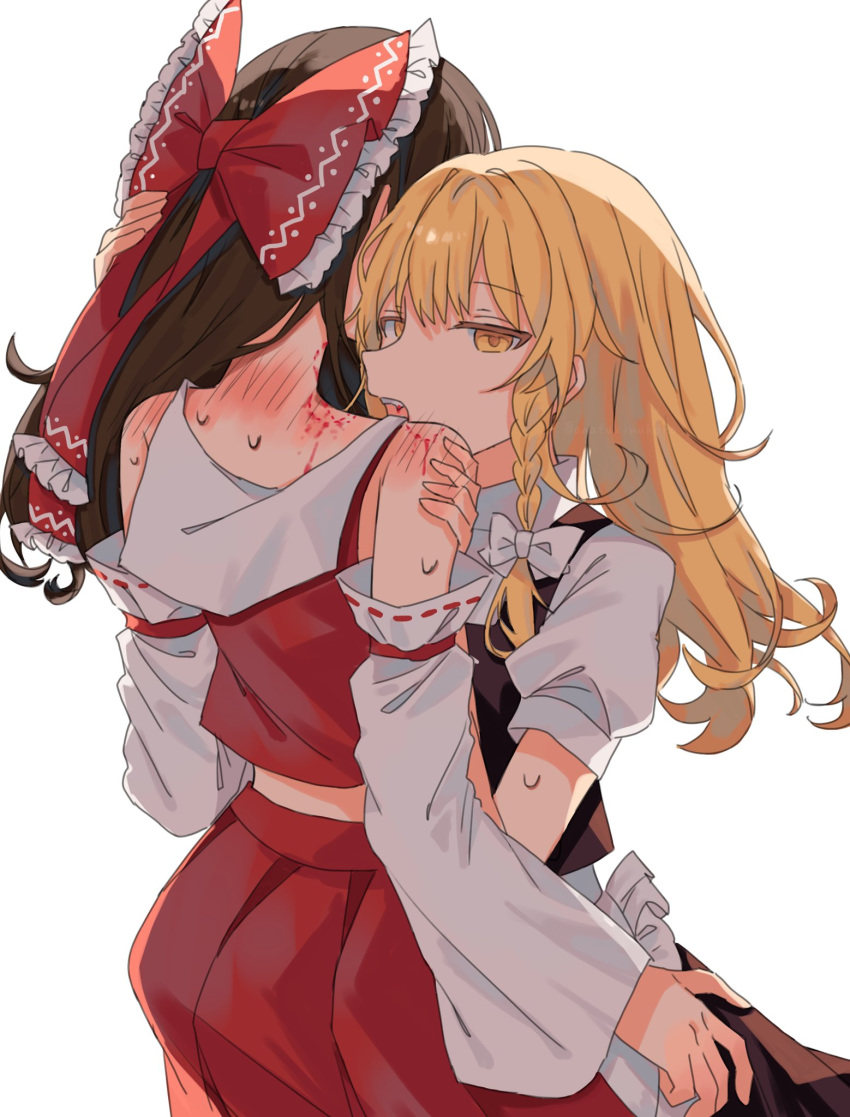 2girls, amatukimahoro, apron, bare_shoulders, bite_mark, black_skirt, black_vest, blonde_hair