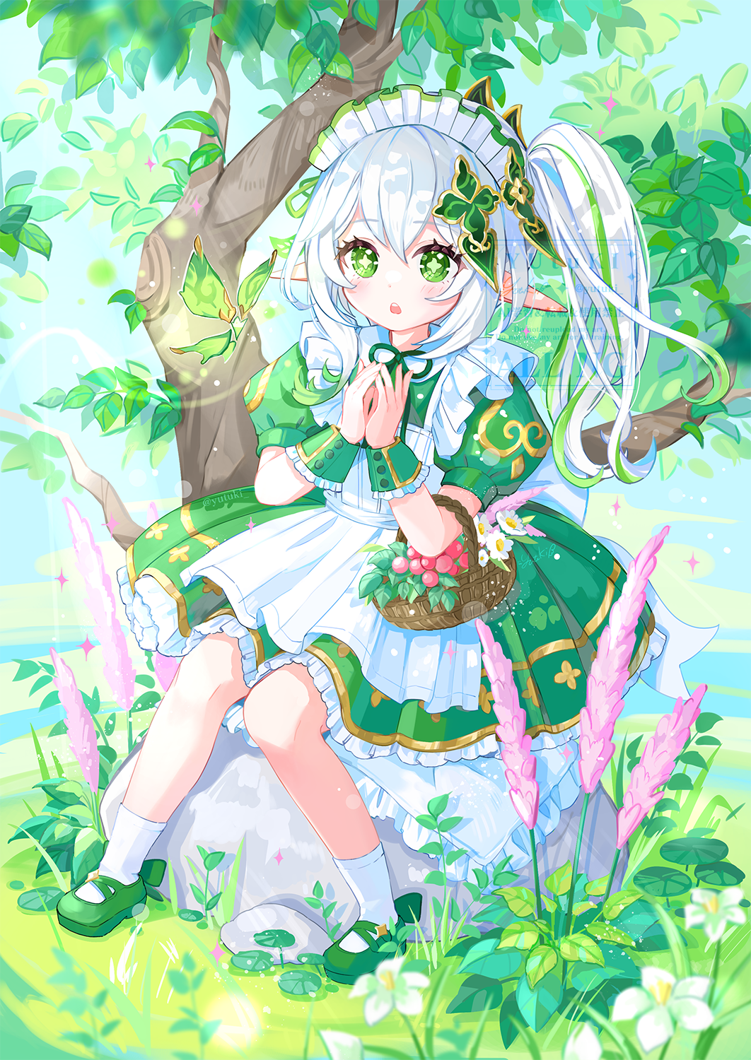 +_+, commentary_request, dress, fruit_basket, genshin_impact, green_dress, green_eyes, hair_ornament
