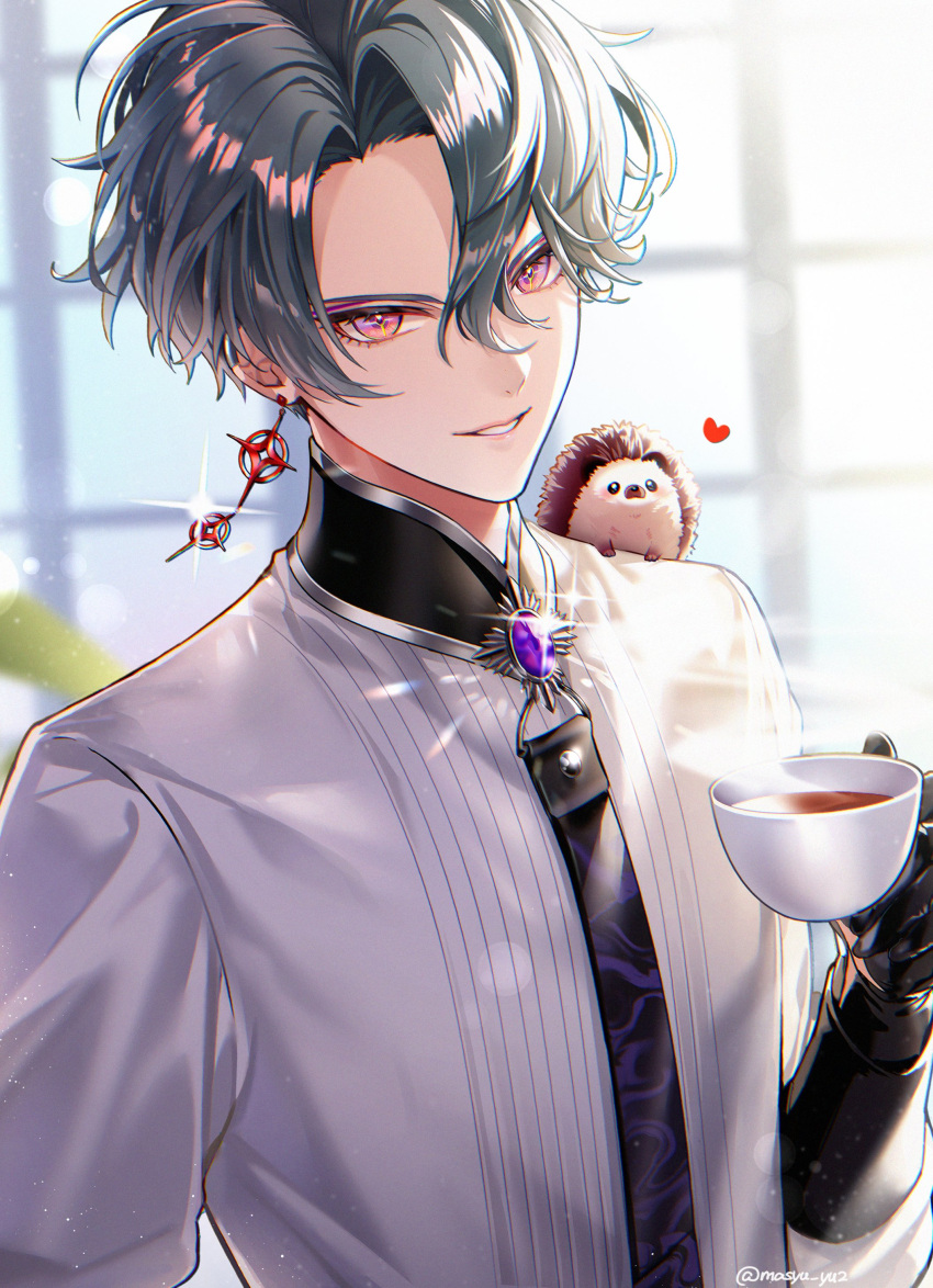 1boy, absurdres, black_gloves, blue_hair, coffee, commentary, cup, curtained_hair, doremin_(freodore)_(nijisanji), earrings, freodore_(nijisanji), gem, gloves, heart, hedgehog, highres, holding, holding_cup, jewelry, male_focus, masyu_yuyu, nijisanji, nijisanji_en, on_shoulder, parted_hair, piercing, pink_eyes, purple_gemstone, shirt, short_sleeves, single_earring, smile, solo, sparkle, standing, steam, teeth, upper_body, virtual_youtuber, white_shirt, window