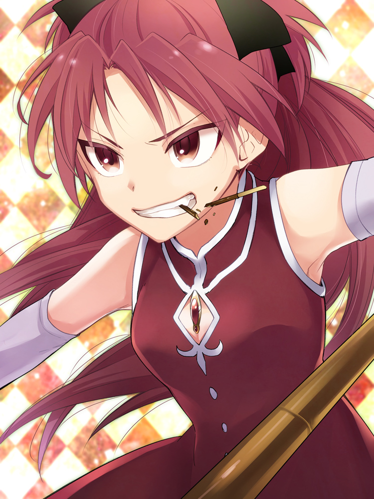 326, bare_shoulders, bow, grin, hair_bow, jewelry, magical_girl, mahou_shoujo_madoka_magica, pendant, pocky, ponytail, red_hair, redhead, sakura_kyouko, smile, solo, tsurime