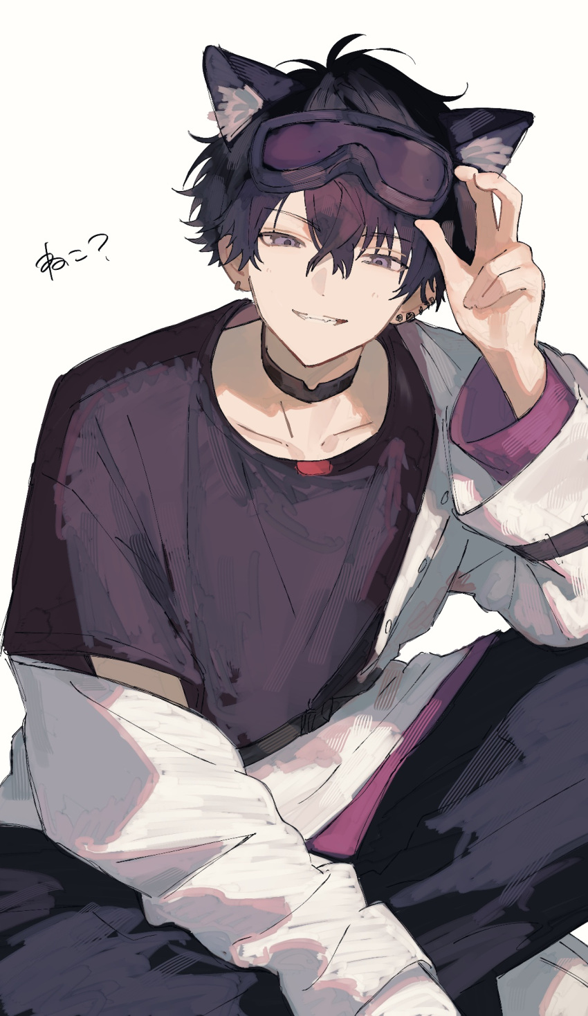 1boy, animal_ear_fluff, animal_ears, arm_up, black_choker, black_hair, black_pants, black_shirt