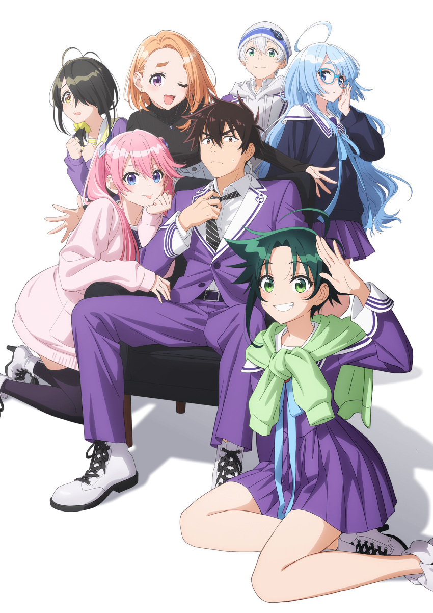 2boys, 4girls, adjusting_clothes, adjusting_eyewear, adjusting_necktie, ahoge, beanie, black_hair
