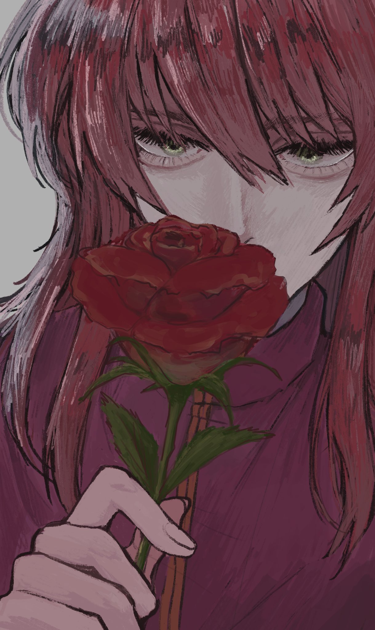 1boy, arm_up, bishounen, collared_shirt, commentary_request, edamame_117, eyelashes, flower