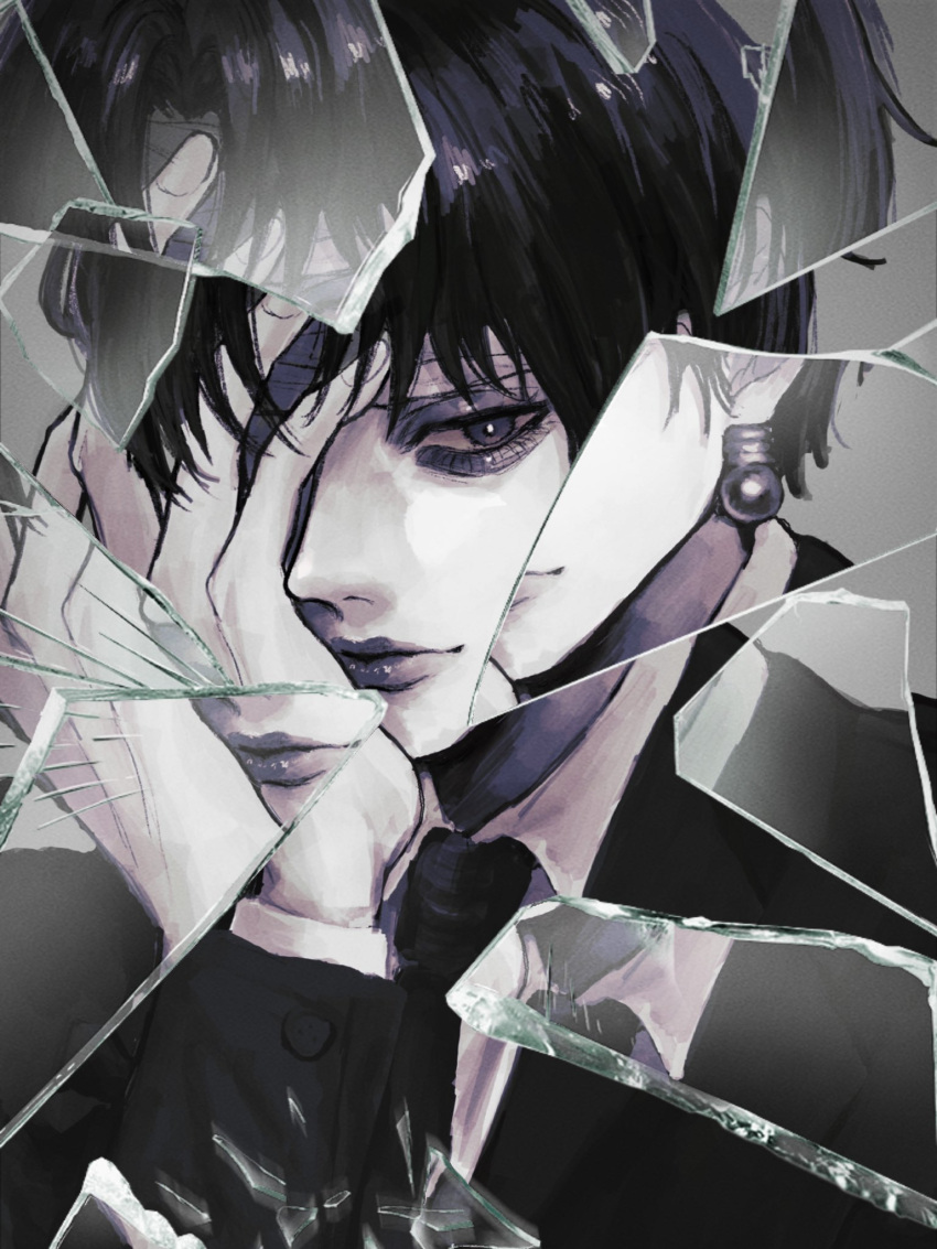 1boy, arm_up, bandaged_head, bandages, broken_glass, chrollo_lucilfer, closed_mouth, collared_shirt, commentary_request, earrings, edamame_117, glass, glass_shards, grey_background, hand_on_own_face, highres, hunter_x_hunter, jacket, jewelry, layered_sleeves, long_sleeves, looking_to_the_side, male_focus, necktie, piercing, shattered, shirt, sideways_glance, solo, sphere_earrings, suit_jacket, upper_body, wing_collar