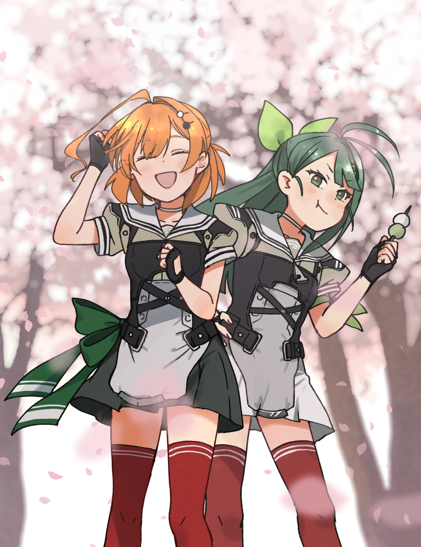 2girls, ahoge, annin_musou, antenna_hair, black_gloves, black_skirt, cherry_blossoms, choker