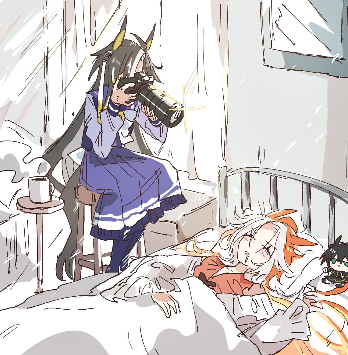 2girls, ahozur_dayo, animal_ears, bed, bed_frame, bedroom, black_hair, black_tail