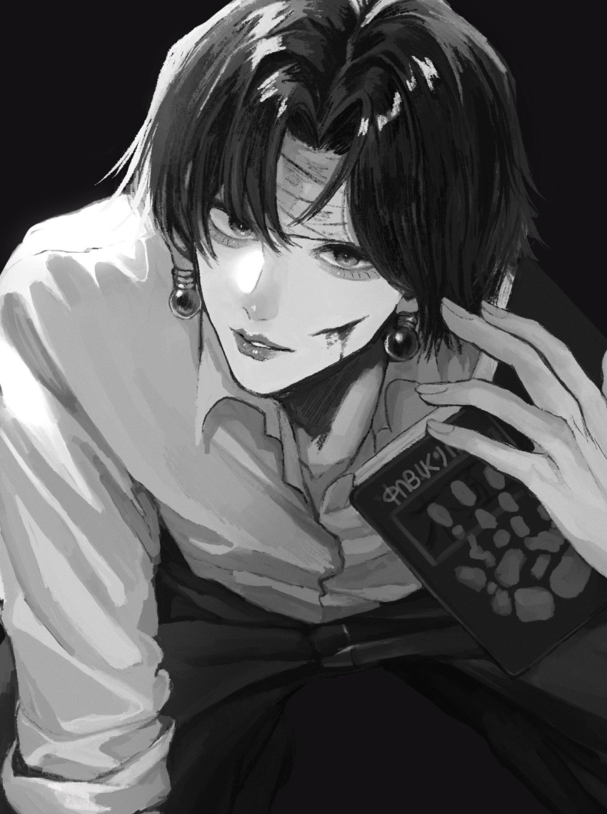 1boy, arm_up, bandaged_head, bandages, black_background, blood, blood_on_face, book