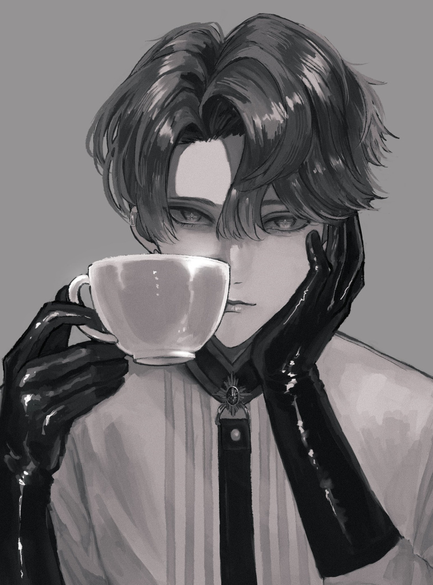 1boy, closed_mouth, collar, commentary, cup, curtained_hair, edamame_117, freodore_(nijisanji)